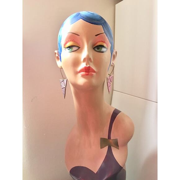 Artisan Handmade Pink and gold Geometric leather statement earrings. - Picture 5 of 10